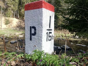 Znak graniczny, w tle strumyk. Z każdej strony znajdują się rośliny i drzewa Znak graniczny, w tle strumyk. Z każdej strony znajdują się rośliny i drzewa