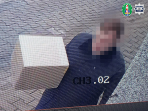  Stopklatka z kamery. Na niej osoba trzymająca paczkę.