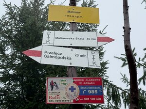 Grupa funkcjonariuszy i pracowników z Wydziału ds. Cudzoziemców zdobywa 5 szczytów! Tabliczki z napisami: Malinów, Malinowska Skała, Przełęcz Salmopolska,