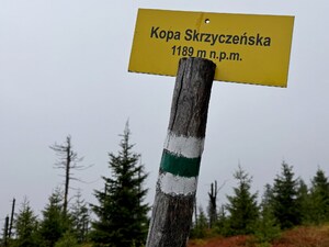 Tabliczka z napisem: Kopa Skrzyczeńska 1189 m n.p.m